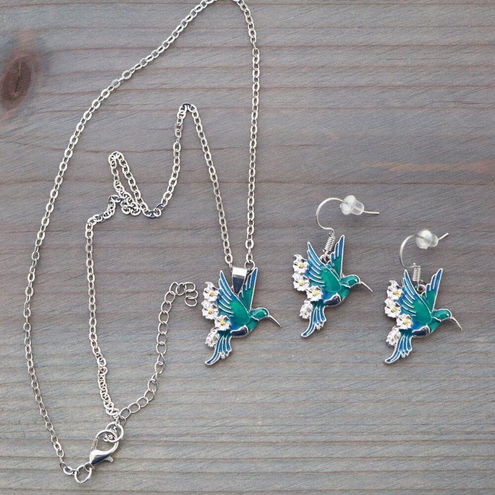 Necklace/Earrings Jewelry Sets Blue/Green Hummingbird Style Silver - Picture 2 of 2